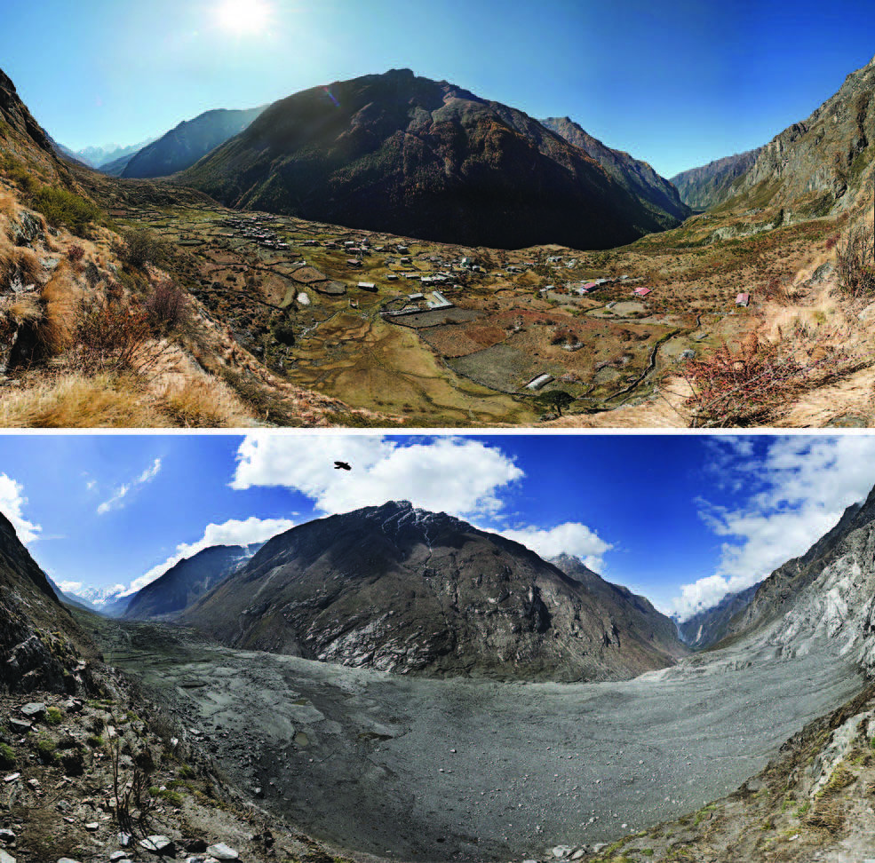 Before-and-after photographs of Langtang Valley, showing the near complete destruction of Langtang village due to a massive landslide caused by the April 25 earthquake. Photos from 2012 (pre-quake) and 2015 (post-quake). Credits: David Breahshears/GlacierWorks