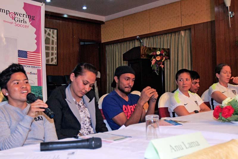 Nepal's women football team skipper Anu Lama speaks as others look on during a panel discussion programme on 'Empowering Girls through Soccer' in Kathmandu on Tuesday. Photo: Udipt Singh Chhetry/ THT
