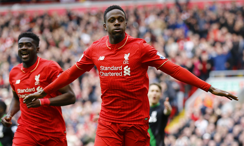 Divock Origi celebrates after scoring the third goal for Liverpooln against Stoke City during Barclays Premier League at Anfield on April 10, 2016. Photo: Reuters