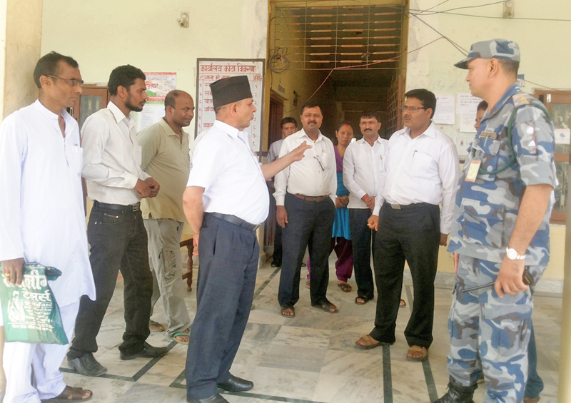 CDO Nara Hari Baral with his team cross-checking at the District Development Committee Office, in Gaur, Rautahat, on Monday, April 18, 2016. Photo: THT