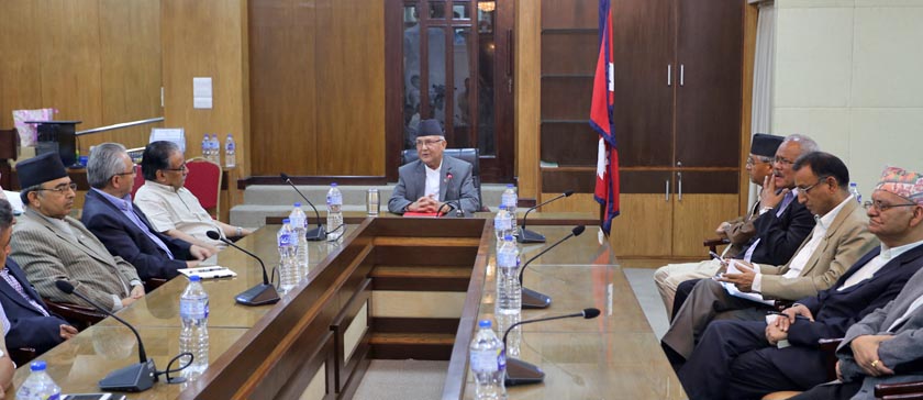 Leaders of ruling alliance and main opposition Nepali Congress taking part in an all-party meeting called by Prime Minister KP Sharma Oli in Singha Darbar on Tuesday, May 24, 2016. Photo: RSS