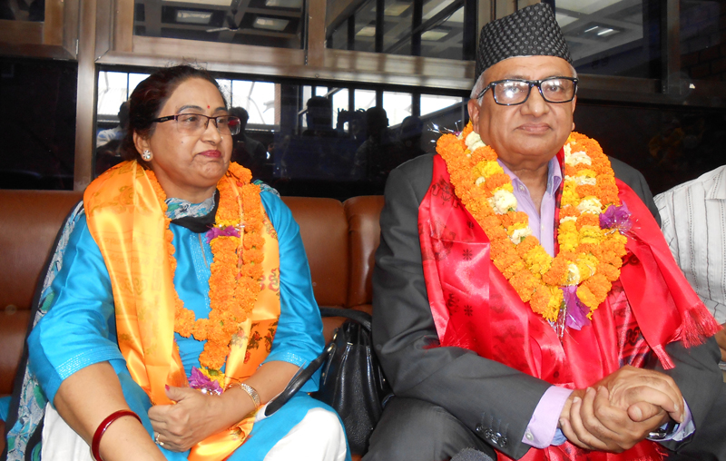 Nepal's former Ambassador to India, Deep Kumar Upadhyay (right) talks to journalists while he returned home, at the Tribhuvan International Airport, in Kathmandu, on Sunday, May 15, 2016. Photo: RSS