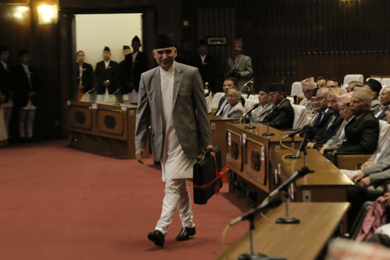 Finance Minister Bishnu Prasad Paudel prepares to present the annual budget estimates for the Fiscal Year 2016/17 at the at the meeting of the Legislature-Parliament on Saturday, May 28, 2016. Photo: RSS