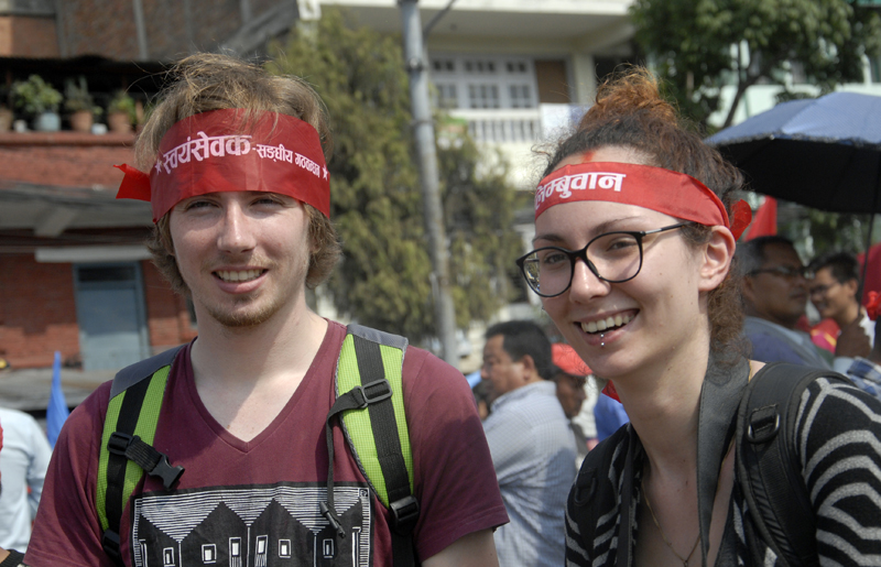 Foreign tourists participating in a protest organised by the Federal Alliance against the constitution, outside Singha Durbar, in Kathmandu, on Sunday, May 15. Photo: Bal Krishna Thapa
