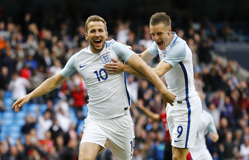 Harry Kane celebrates with Jamie Vardy after scoring the first goal for Englandn aginst Turkey during International Friendly match at Etihad Stadium on Monday, May 22, 2016. Photo: Reuters