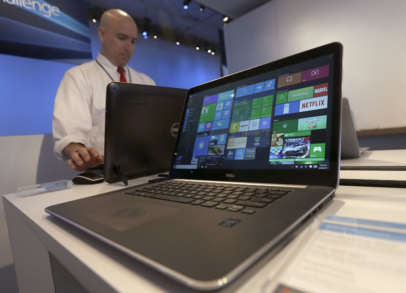 A Dell laptop computer running Windows 10 is on display at the Microsoft Build conference in San Francisco, on April 29, 2015. Photo: AP