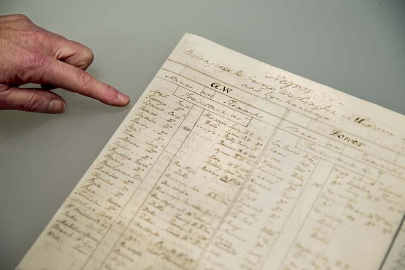 Susan Schoelwer, curator of the Fred W. Smith National Library for the Study of George Washington in Mount Vernon, Virginia. looks at a list of slaves at Mount Vernon written by George Washington around 1799, on Thursday, May 19, 2016. Photo: AP