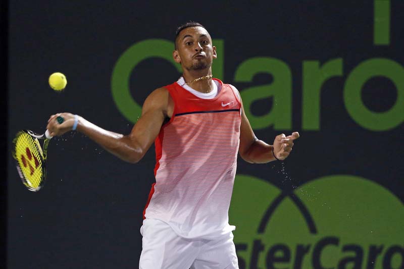 Nick Kyrgios hits a forehand against Kei Nishikori (not pictured) during a men's singles semifinal on day twelve of the Miami Open at Crandon Park Tennis Centre, on April 1, 2016. Nishikori won 6-3, 7-5. Photo: Geoff Burke via USA Today Sports