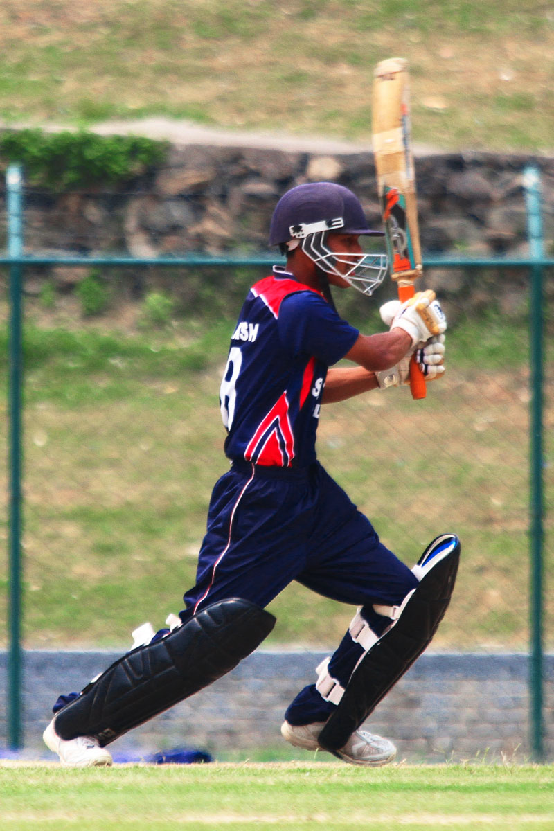 Prakash Bista of Santwana College plays a shot against Himalayan White House College during their Expert nCollege Premier League match at the TU Stadium in Kathmandu on Wednesday. Photo: Udipt Singh Chhetry/THT