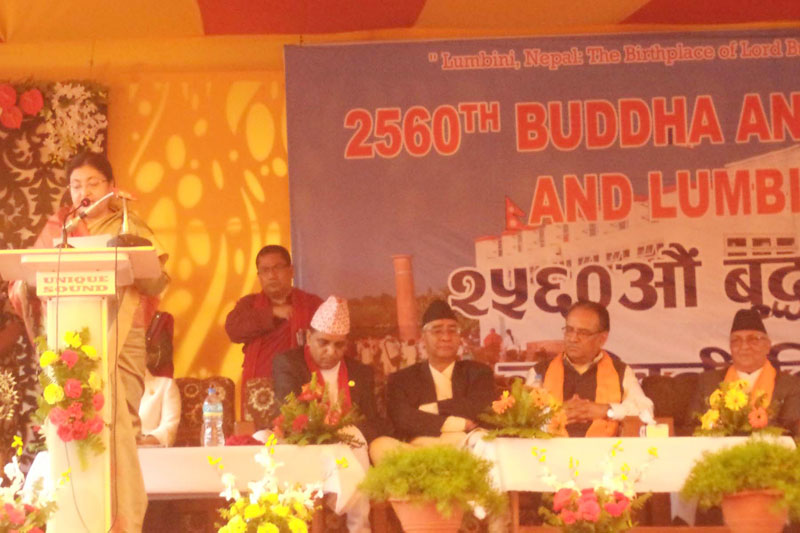 President Bidya Devi Bhandari speaking at a programme organised on the occasion of 2560th Buddha Jayanti in Lumbini on Saturday, May 21, 2016. Photo: RSS nn