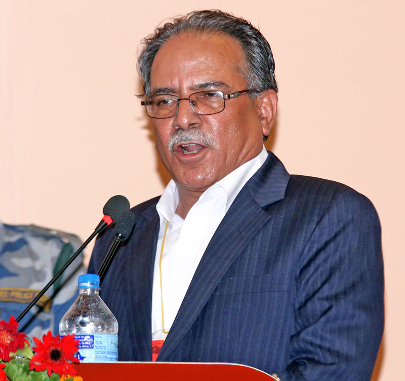 Newly unified CPN Maoist Centre Chariman Pushpa Kamal Dahal speaking after the unification of 10 Maoist parties, in Kathmandu, on Thursday, May 19, 2016. Photo: RSS