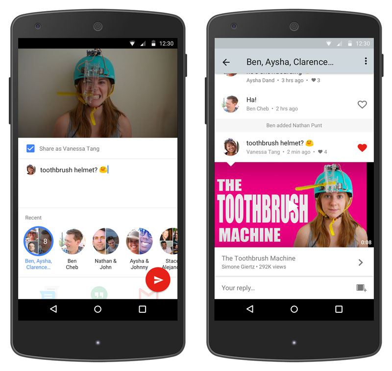A demonstration of YouTube's messaging feature in its smartphone app that allows users to share and discuss videos without resorting to other ways to connect with their friends and family. Photo: Google via AP