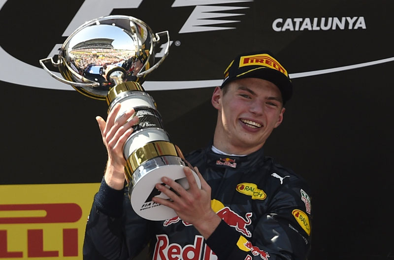 Infiniti Red Bull's Belgian-Dutch driver Max Verstappen  celebrates on the podium after the Spanish Formula One Grand Prix on May 15, 2016 at the Circuit de Catalunya in Montmelo on the outskirts of Barcelona. Photo: AFP