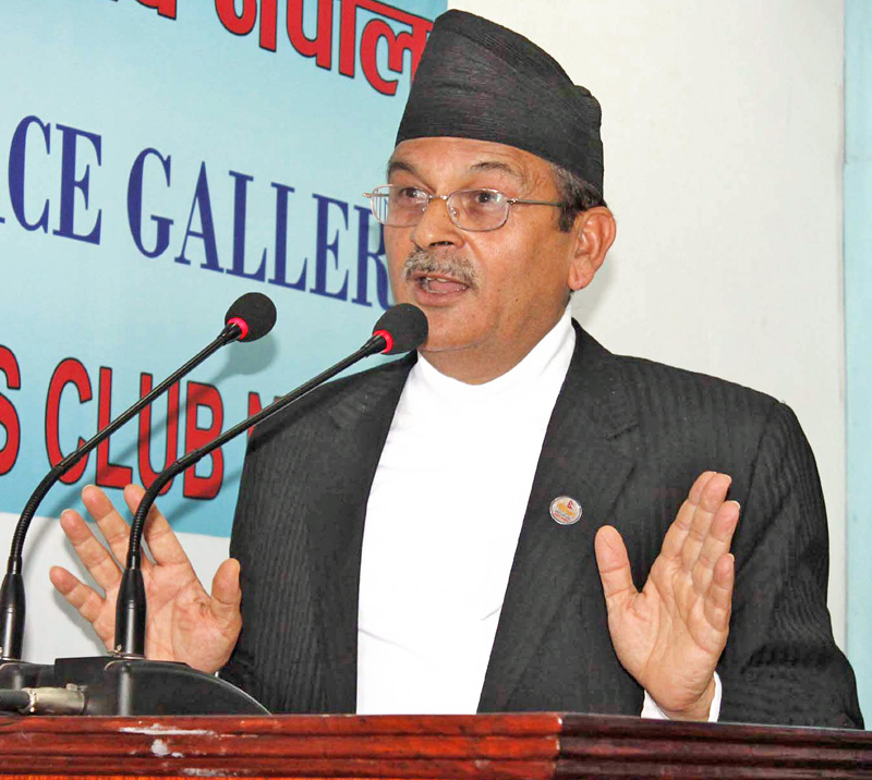 Minister for Industries Som Prasad Pandey speaking at a programme organised by Reporters Club in Kathmandu, on Tuesday, May 24, 2016. Courtesy: Reporters Club