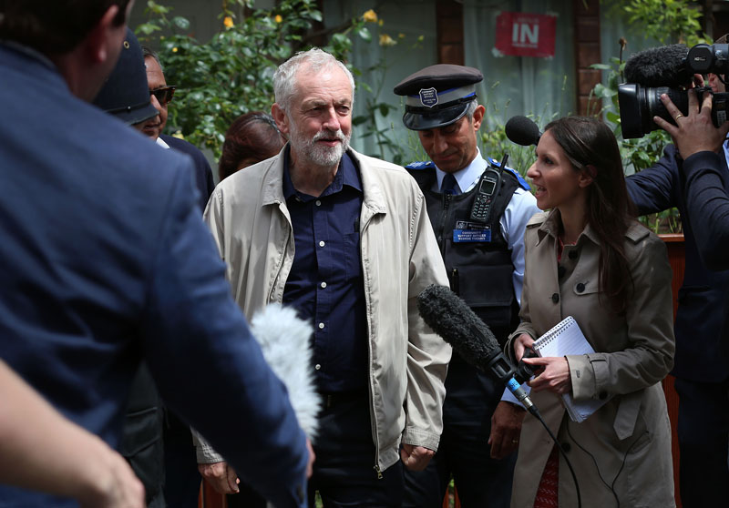 Labour party leader Jeremy Corbyn faces the media as he leaves his house in London, on Sunday June 26, 2016.  Photo: Isabel Infantes / PA via AP