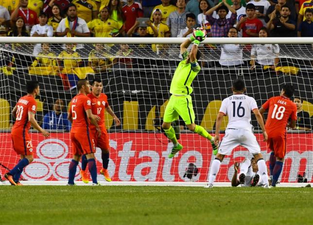 Jun 22, 2016; Chicago, IL, USA; Chile goalkeeper Claudio Bravo (1) makes a save against Colombia during the first half in the semifinals of the 2016 Copa America Centenario soccer tournament at Soldier Field. Mandatory Credit: Mike DiNovo-USA TODAY Sports