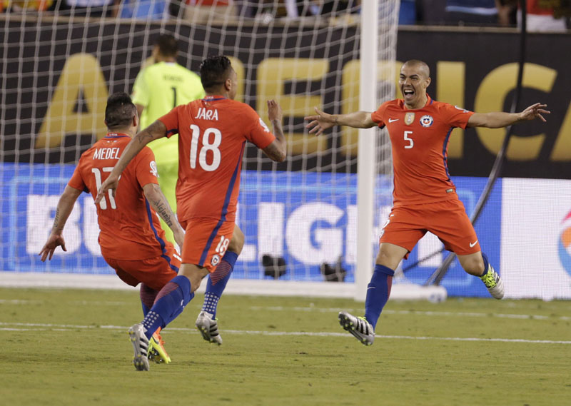 Chile midfielder Francisco Silva (5) celebrates after scoring on a penalty kick to defeat Argentina in the in the Copa America Centenario championship soccer match in East Rutherford, New Jersey at MetLife,  on June 26, 2016. Photo: Adam Hunger-USA TODAY Sports via Reuters