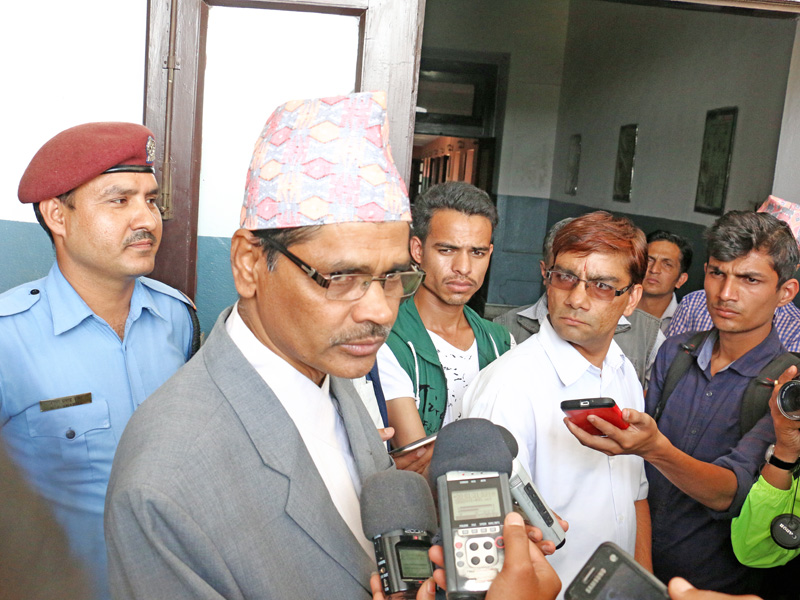 Election Commissioner Dr. Ayodhee Prasad Yadav informs journalists about the activities of the  Election Commission of Nepal in Kathmandu on Monday, June 27, 2016. Photo: RSS
