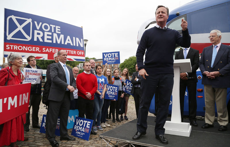 Britain's Prime Minister David Cameron,  foreground,  addresses Vote Remain supporters with  former Prime Minister John Major, right, during a rally in Bristol, England Wednesday June 22, 2016. On Thursday Britain goes to the polls in a referendum  on whether to remain or leave  the EU . Photo: AP/File
