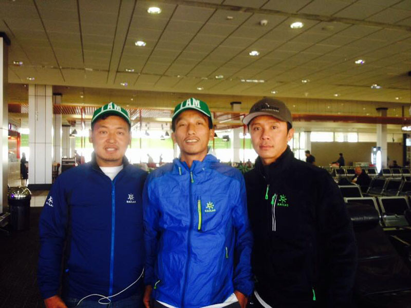 Lakpa Sherpa (right) at Muscat International Airport in Oman on his way to Mt K2 on June 18. Photo credit: Lakpa Sherpa/Facebook