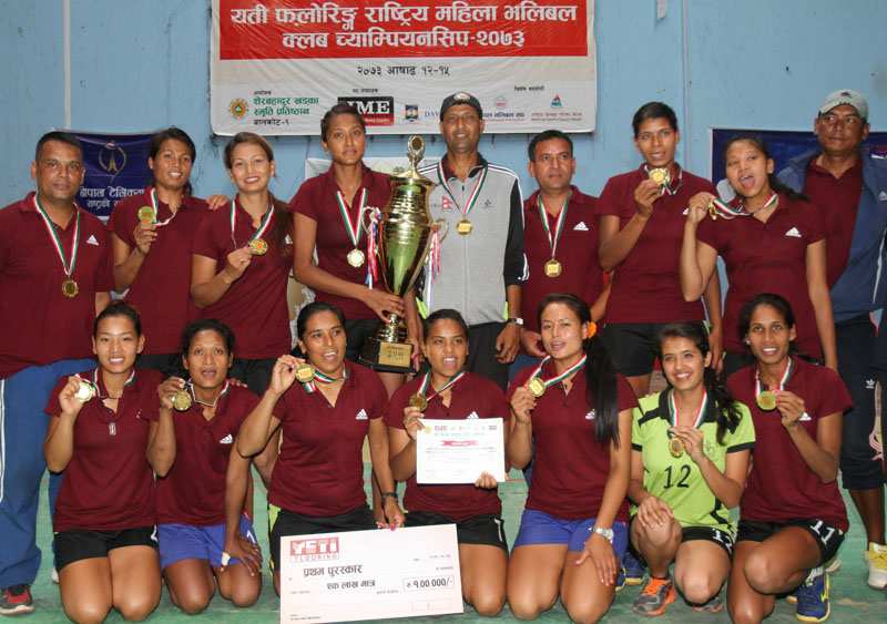 Nepal APF Club players and officials celebrate after winning Yeti Flooring National Womenu2019s Volleyball Tournament, on Wednesday, June 29, 2016. Photo: Udipt Singh Chhetry/THT