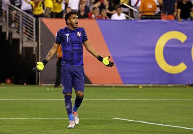 Jun 17, 2016; East Rutherford, NJ, USA; Peru goalkeeper Pedro Gallese (1) reacts to a no call against Colombia in shoot out action during quarter-final play in the 2016 Copa America Centenario soccer tournament at MetLife Stadium. Colombia won 4-2 in a shoot out. Adam Hunger-USA TODAY Sports