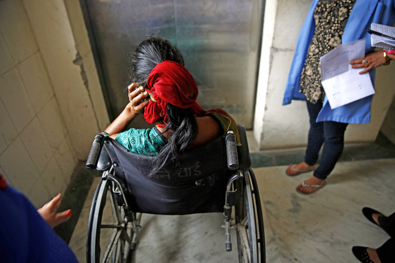 The rape victim being pushed on a wheelchair at Paropakar Maternity and Womenu0092s Hospital in Thapathali, Kathmandu, on Tuesday, June 21, 2016. Photo: THT