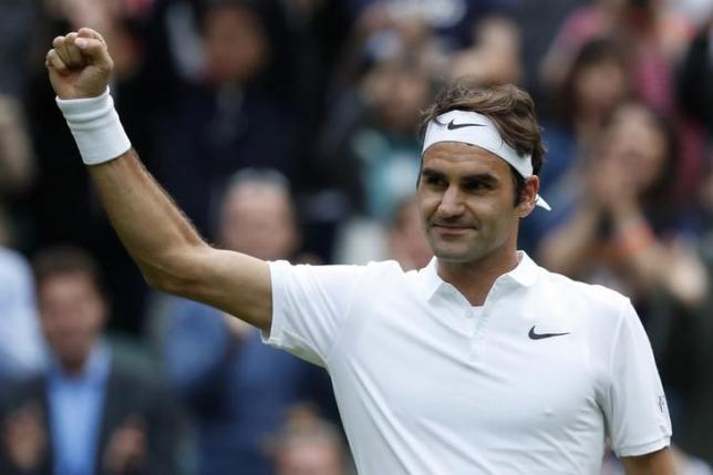 Switzerland's Roger Federer celebrates winning his match against Argentina's Guido Pella REUTERS/Paul Childs