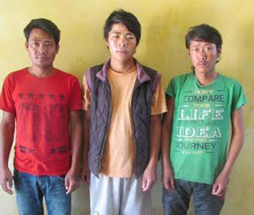 Police parade three persons arrested on murder charge at the District Police Office, Taplejung, on Tuesday, June 28, 2016. Photo: Laxmi Gautam