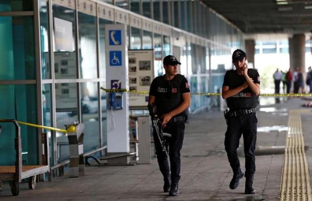 Police officers patrol at Turkey's largest airport, Istanbul Ataturk, following yesterday's blast June 29, 2016. REUTERS/Osman Orsal
