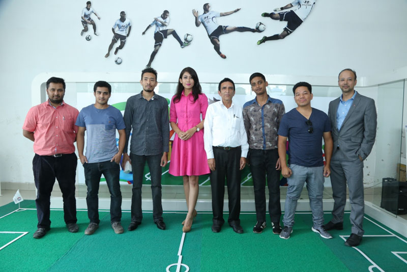 The winners of the 2016 Euro Prediction Game with Miss Nepal Asmi Shrestha (4th from left) pose for photo in an award distribution programme organised by Laxmi Intercontinental Pvt Ltd, on July 19, 2016. Photo: THT
