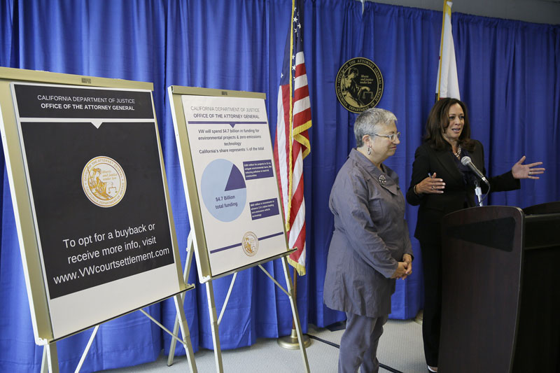 California Attorney General Kamala Harris (right) answers questions about a settlement with Volkswagen as Mary Nichols (left) Chair of the California Air Resources Board, looks on during a news conference  in San Francisco on Tuesday, June 28, 2016. Photo: AP