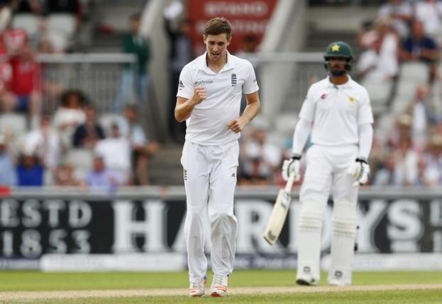 Britain Cricket - England v Pakistan - Second Test - Emirates Old Trafford - 23/7/16nEngland's Chris Woakes celebrates the wicket of Pakistan's Rahat AlinAction Images via Reuters / Jason CairnduffnLivepic