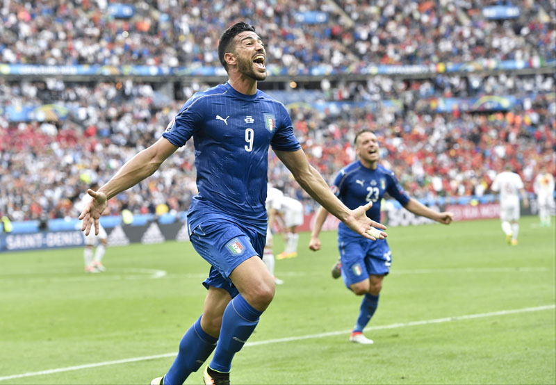 Italy's Graziano Pelle celebrates after scoring his sideu0092s second goal during the Euro 2016 round of 16 soccer match between Italy and Spain, at the Stade de France, in Saint-Denis, north of Paris, Monday, June 27, 2016. Photo: AP/File
