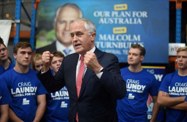 Australian Prime Minister Malcolm Turnbull addresses young Liberals during a rally at Robotic Automation in the Sydney suburb of Newington, July 1, 2016 on the eve of Australia's federal elections    AAP/Lukas Coch/via REUTERS
