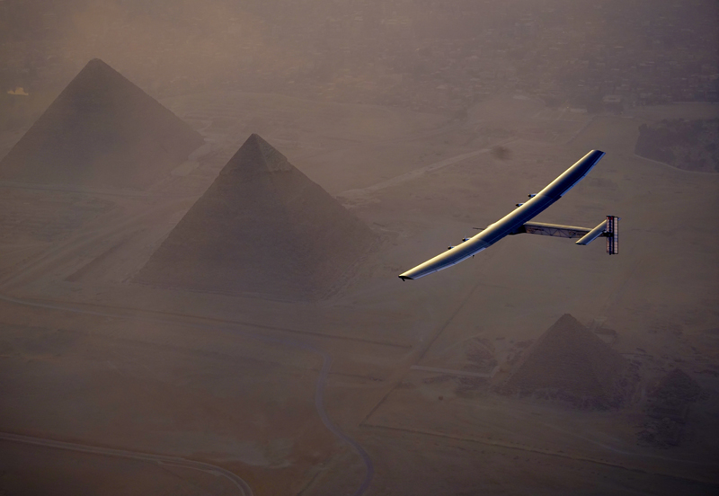 The Solar Impulse 2 flies over the pyramids. The experimental solar-powered airplane has arrived in Egypt as part of its global voyage on Wednesday, July 13, 2016. Photo: AP