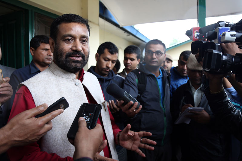FILE- Nepali Congress leader Bimalendra Nidhi talking to mediapersons after attending a meeting of the top leaders in Singha Durbar in the Capital on Friday, July 22, 2016. Photo: RSS 