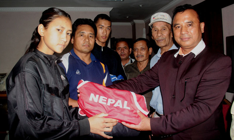 Nepal Boxing Association bide farewell to a three-member boxing team on Sunday, July 3, 2016, that is scheduled to participate in the sixth Children International Asian Games in Russia. Kusum Lama will compete in 48kg weight category, while Bishal Shrestha will represent Nepal in 64kg weight category.  Photo: THT
