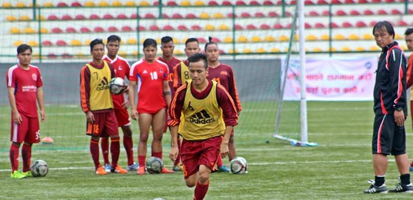 Nepal's natinal football  team practicing in July 2016. Photo: ANFA