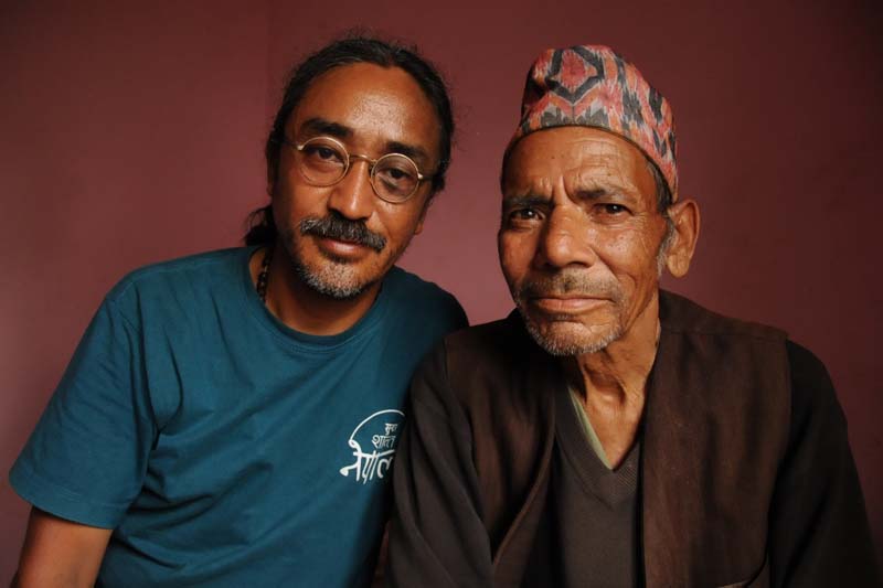 Nepathaya band's frontman, Amrit Gurung along with Dille Damai, a local traditional folk musician of Chainpur, Sankhuwasabha who had helped his prepare folk numbers in his upcoming album. Photo: