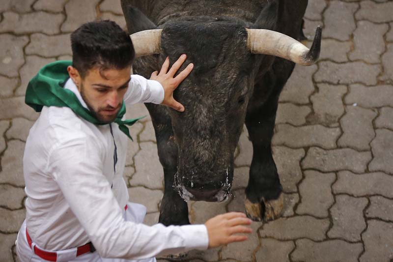 A reveler is chased by a fighting bull during the running of the bulls at the San Fermin Festival, in Pamplona, Spain, on Saturday, July 9, 2016. Photo: AP