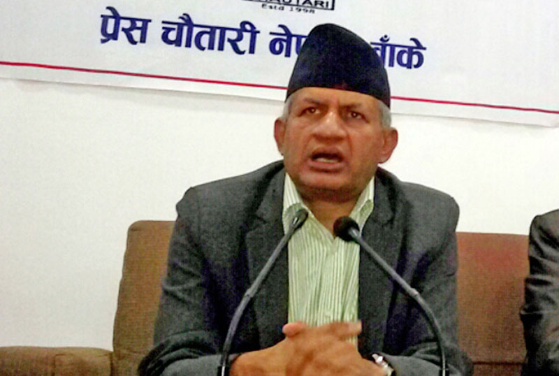 FILE: CPN-UML leader Pradeep Gyawali speaking with journalists at a press meet organised by Press Chautari Banke chapter in Nepalgunj on Friday, March 25, 2016. Photo: RSS