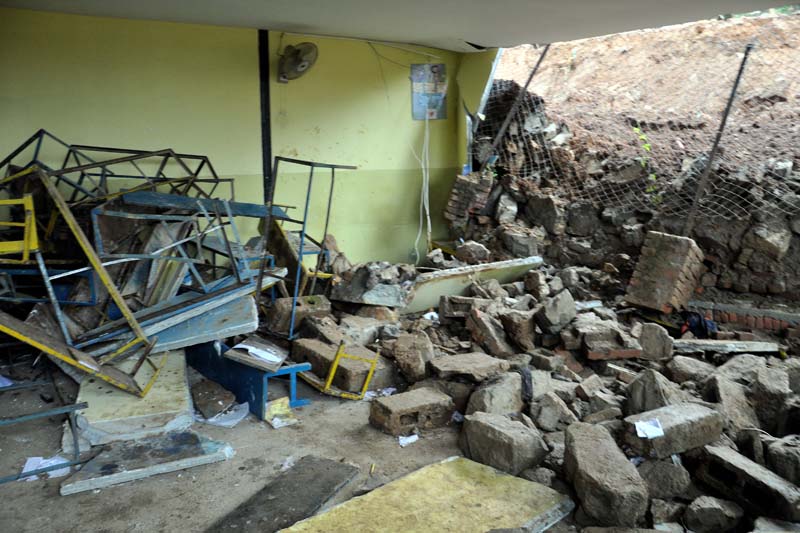 The classroom of Pushpanjali Boarding School where two students were crushed to death when a nretention wall of a nearby plotted land fell on them, in Taukhel, Godawari, Lalitpur, on Friday. Photo: Bal Krishna Thapa/ THT