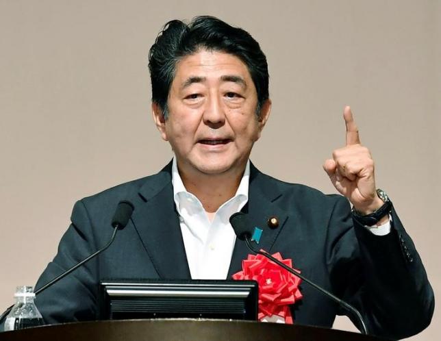 Japan's Prime Minister Shinzo Abe makes a speech in Fukuoka, Japan, in this photo taken by Kyodo July 27, 2016. Mandatory credit Kyodo/via REUTERS