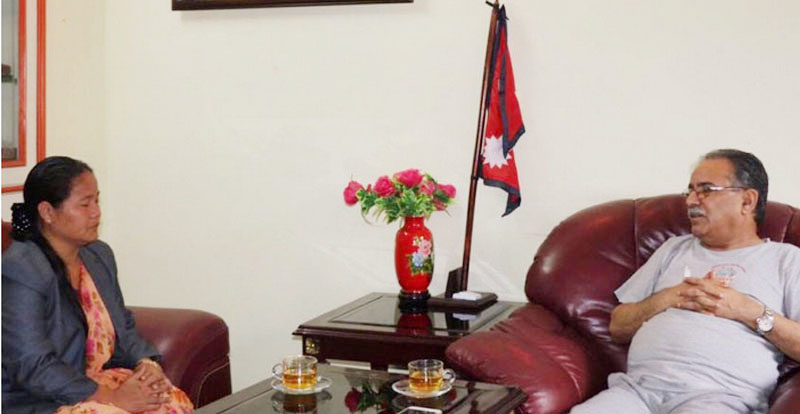 Speaker Onsari Gharti Magar and CPN Maoist Centre Chairman Pushpa Kamal Dahal holding a meeting a the latter's residence in Lazimpat on Wednesday, July 20, 2016. Photo: Dahal's Secretariat.