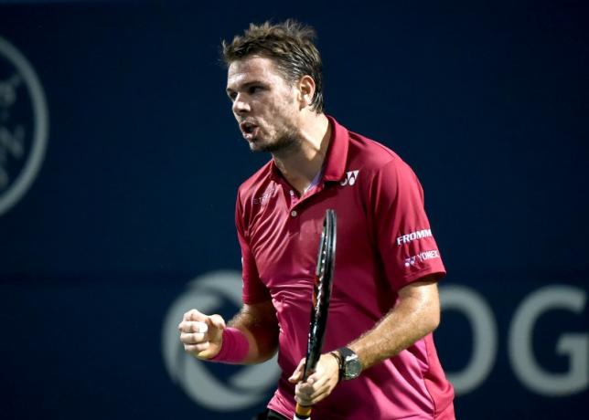 Jul 26, 2016; Toronto, Ontario, Canada;  Stan Wawrinka of Switzerland reacts after winning the first set against Mikhail Youzhny of Russia  on day two of the Rogers Cup tennis tournament at Aviva Centre. Mandatory Credit: Dan Hamilton-USA TODAY Sports