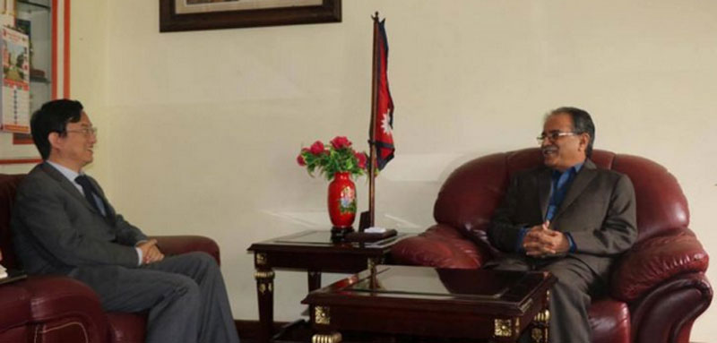 Chinese Ambassador to Nepal Wu Chuntai holding a meeting with CPN Maoist Centre Chairman Pushpa Kamal Dahal at the latter's residence in Lazimpat on Friday, July 29, 2016. Photo: Dahal's Secretariat 