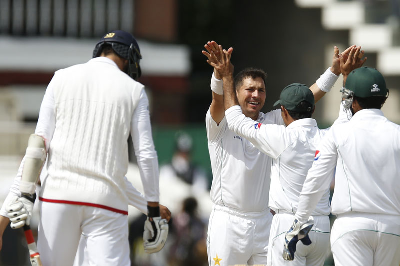 Pakistan's Yasir Shah celebrates the wicket of England's Steven Finn during the third day of the first test at Lord's on Saturday July 16, 2016. Photo: Reuters/Filenn