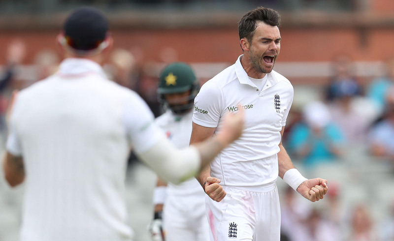 England's James Anderson celebrates taking the wicket of Pakistan's Shan Masood, during day three of the Second Test cricket match at Emirates Old Trafford stadium in Manchester, England, Sunday July 24, 2016. Photo: AP
