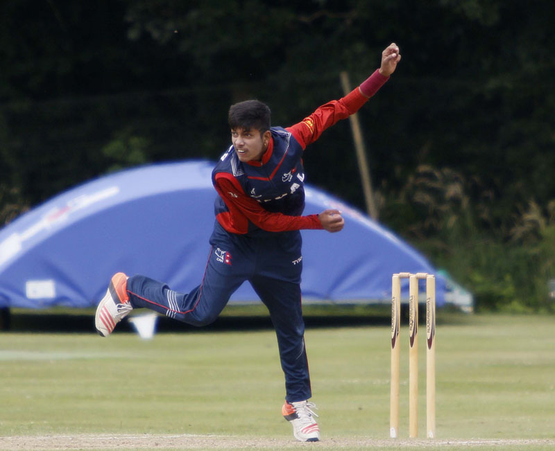 Youngster Sandeep Lamichhane bowls during the match against Club Cricket Conference on Friday July 15, 2016. Photo: cricketingnepal.com